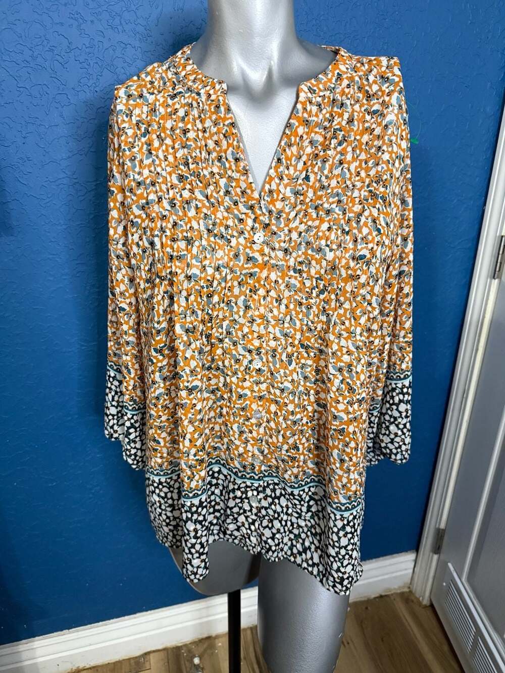 Fig and Flower Large Floral Tunic Blouse Mustard Teal Boho Pintuck Bell Sleeve